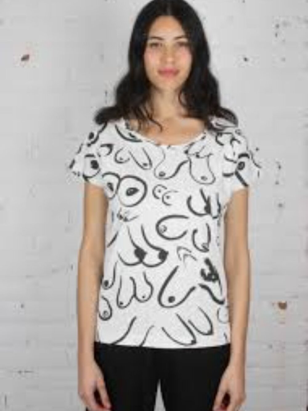 Cream Short Sleeve Graphic Tee with Black Abstract Print - Women
